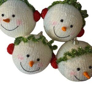 Set Of 4 Snowman Face Christmas Tree Ornaments With Ear Muffs & Smiling Faces